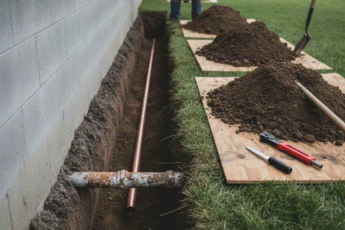 Excavated water line trench during Water Softener Installation in Chapel Hill